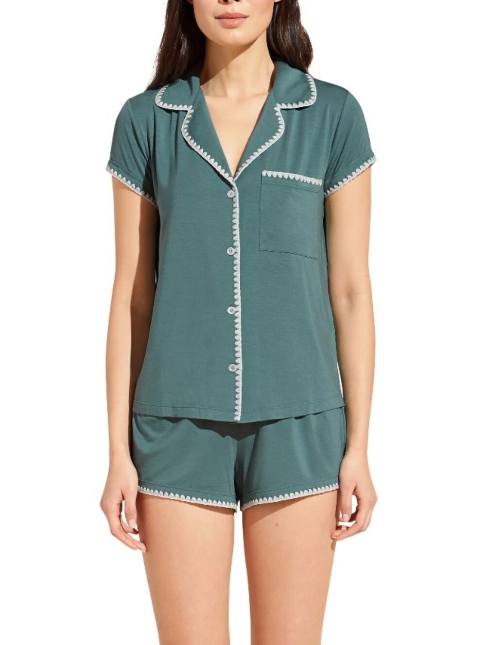 Eberjey Frida Whipstitch Pajamas Muted Green White Tencel Shorties Women's M